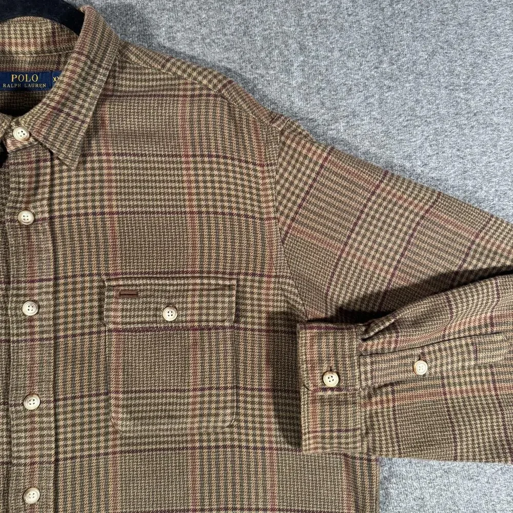 Polo Ralph Lauren Hunting Shirt Mens XXL Brown Plaid Flannel Suede Houndstooth